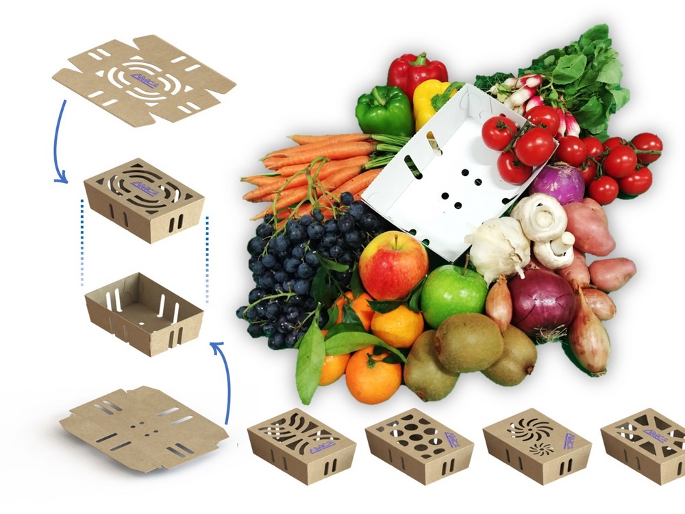 Schéma de fabrication d'une barquette en carton sans colle pour le conditionnement de fruits et légumes.