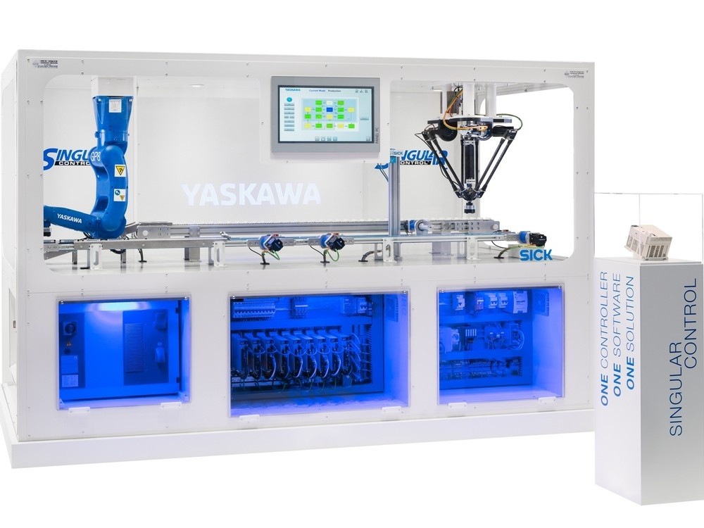 Machine de démonstration de packaging gérée par la solution Singular Control de YASKAWA via le contrôleur d’axes MP3300iec